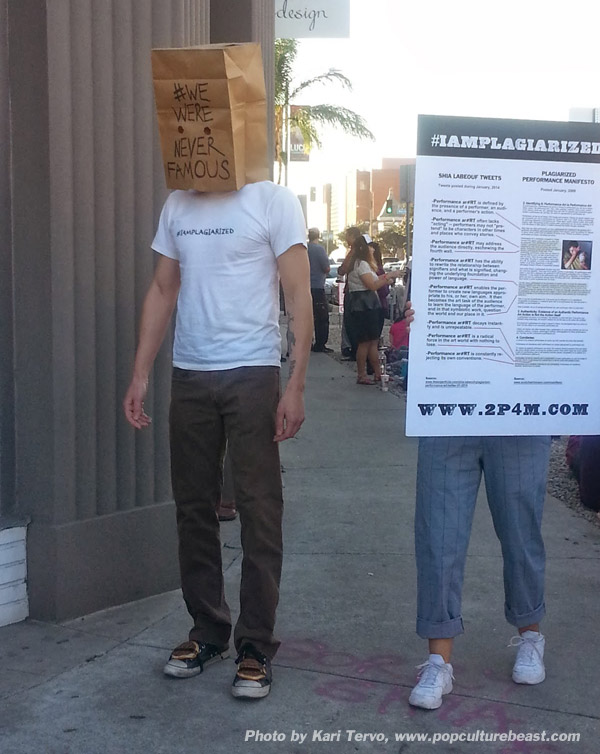 Scotch Wichmann protesting Shia LaBeouf at Cohen Gallery in Los Angeles