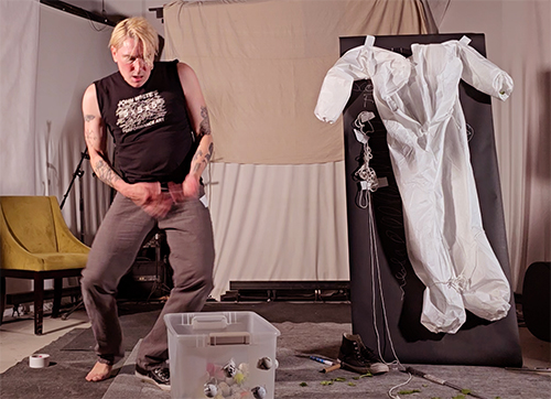 Performance artist Scotch Wichmann performing at John M. White memorial in Ventura
